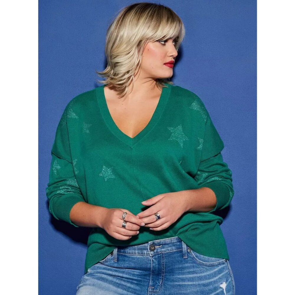 Torrid NWT Lovesick Stars V-Neck Pullover Sweater in Green size 3X